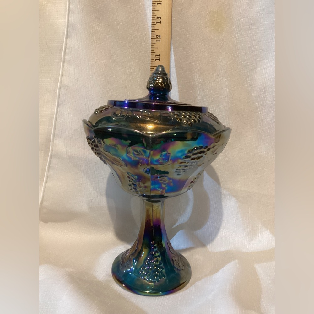 Vtg Indiana Glass Blue Carnival Harvest Grape Pedestal Lidded Compote/Candy Dish - Picture 4 of 4